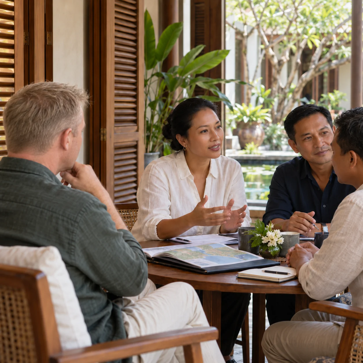 Illustration of Peter Stenberg with a travel leadership team and hotel partner in Southeast Asia